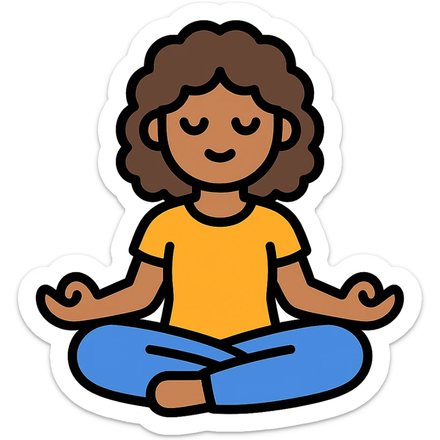 brunette girl with curly hair meditating, sitting cross-legged, colored icon sticker
