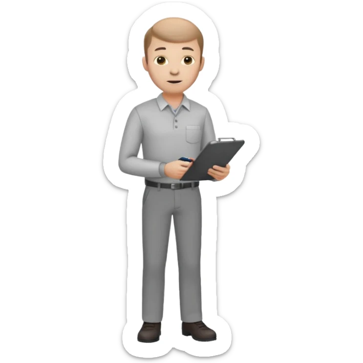 man mid 30's shirt and trousers balding hairline standing holding a clipboard sticker