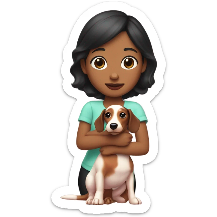 a girl with black hair, white skin tone, watermelon lips and black-eyed with a teckel in her arms sticker