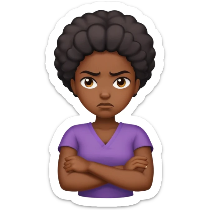 Angry Black girl with dark skin and crossed arms, frowning face sticker