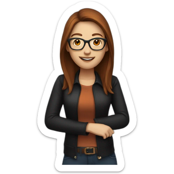 white woman with glasses with long straight brown hair waving wearing a dark orange shirt and black jacket sticker