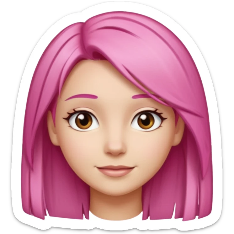 A light-skinned woman with straight pink hair neatly parted, brown eyes, and a gentle smile. sticker