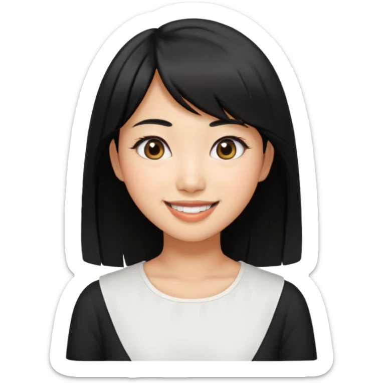 30 yr old asian woman center parted hair big eyes big smile tanned skin straight black hair hippie part hair white blouse shoulder length hair middle parted hair few short bangs at front trendy hair sticker