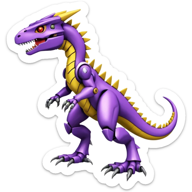 Cool Badass Futuristic Purple Yellow Digimon-Fakemon-Guilmon-Velociraptor-Dragon-Mecha full body sticker