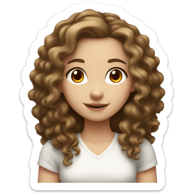 White girl with brunette long curly hair with cute smile and red heart instead of eyes sticker