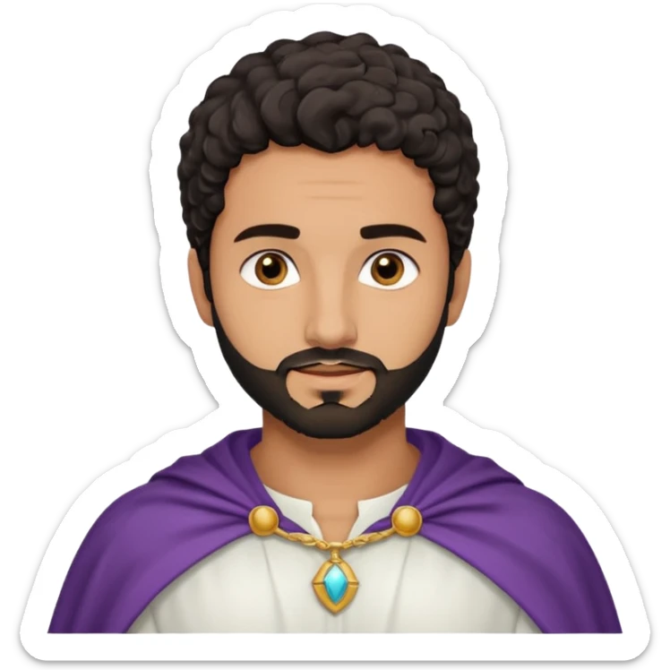 Apariencia: Joven de unos 25-30 años, atractivo,.
-Rostro: Ojos oscuros, piel ligeramente morena, rasgos árabes finos.
-Cabello: Negro, algo rizado o suelto, con barba fina.
-Vestimenta: Cuando es “Don Carlos”, viste como cristiano (camisa blanca, capa corta, colores sobrios). sticker