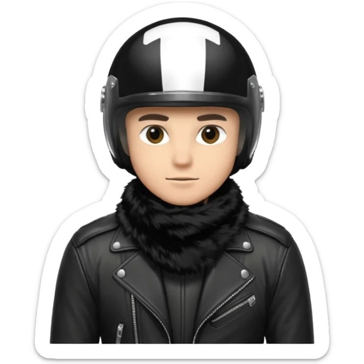 un homme avec un casque de moto totalement noir avec une écharpe en fourrure noir une chemise blanche et une jacket noir sticker