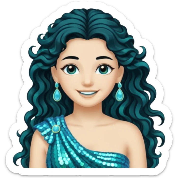 Salacia, Goddess of Seawater from Roman Deities with long jet black wavy hair, aquamarine sequin toga  sticker