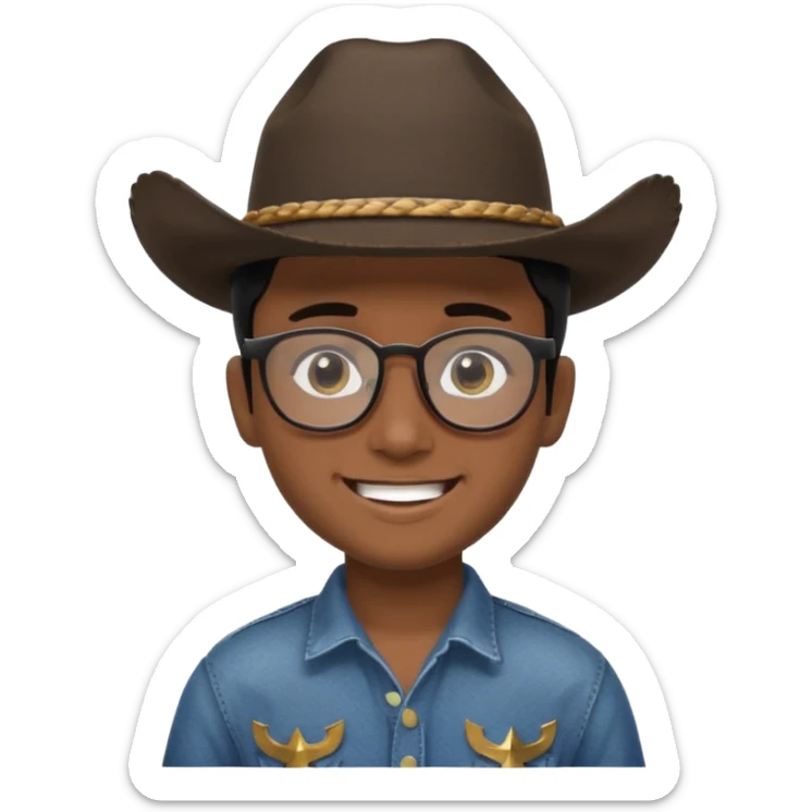 Hispanic Smiling boy with cow boy hat and black hair  . With chin strap and black glasses  sticker