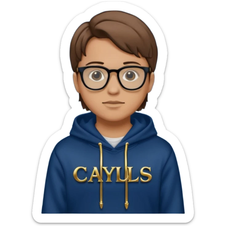 Brown hair with black glasses and a dark blue hoodie that says caylus kingdom with black pants and a gold chain sticker