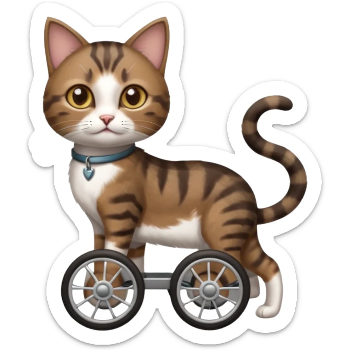 full body small short hair dark brown and white cat with hazel eyes walking in a wheelchair for cats sticker