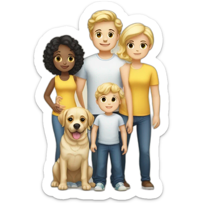A familia husband and wife a boy of 7 with blond hair another boy of 5 with black hair a baby girl 14 month with blond curly hair, a yellow Labrador and a white pugg sticker