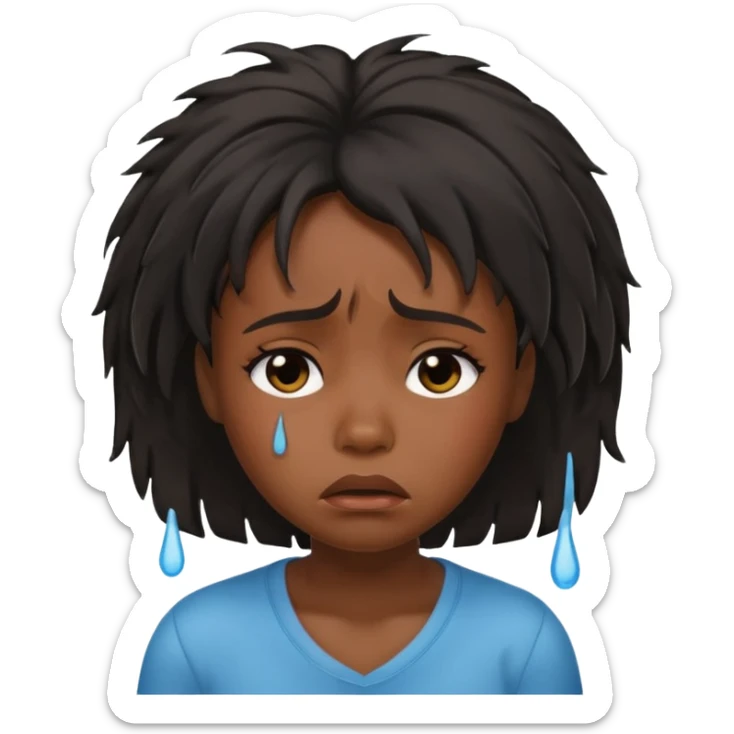 sad crying black girl with straight messy hair, iOS memoji style, expressive face, tears sticker