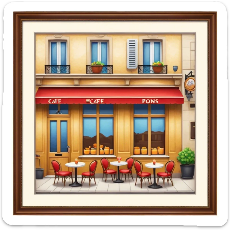 Cinematic Realistic Caf√© Culture Pop Culture Emoji, showcasing a vibrant French caf√© scene rendered with rich textures and warm, inviting lighting. sticker