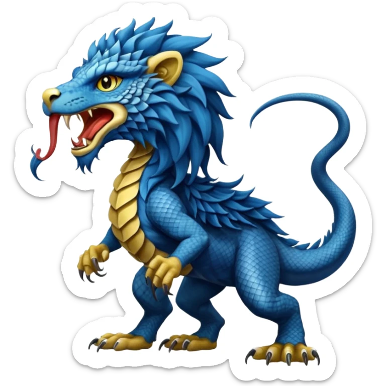 Mušḫuššu, ancient Mesopotamian hybrid, blue scaled body, lion mane, lion forelegs, eagle hind legs, long neck, head half dragon half lion, lizard tail, snake tongue, no wings, divine and terrifying sticker