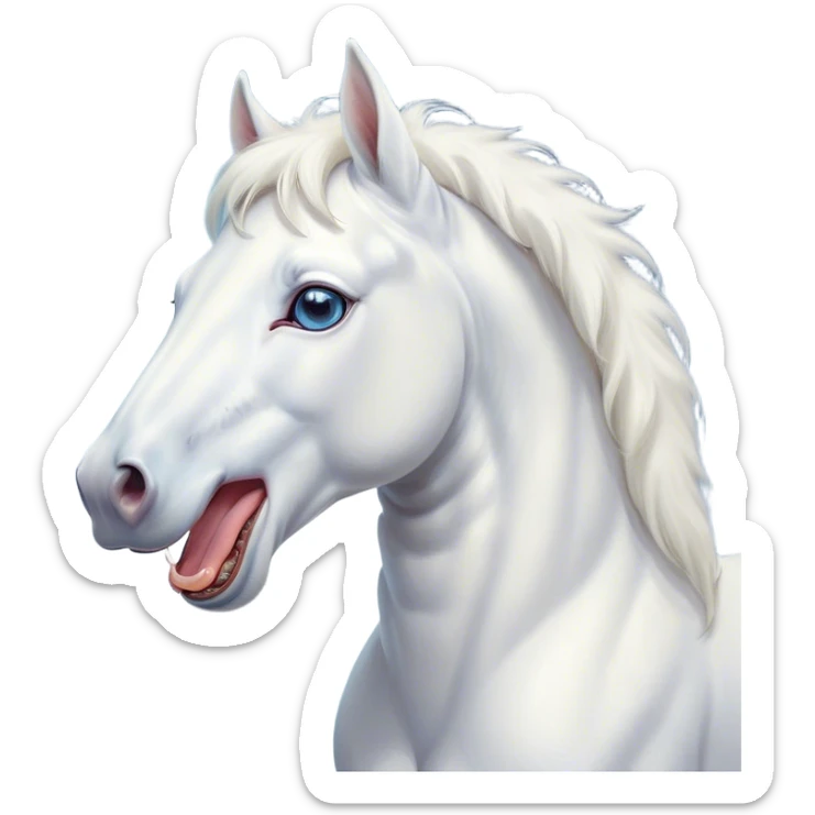 Cinematic Cute Yawning White Horse Portrait Emoji, Head tilted slightly with a dramatic, wide-open yawn, revealing a soft white fur with a subtle shimmer, floppy ears slightly drooping, round blue eyes barely open in drowsy contentment, Simplified yet irresistibly adorable features, highly detailed, glowing with a soft, cozy glow, high shine, relaxed yet expressive, stylized with a touch of whimsy, bright and endearing, soft glowing outline, capturing the essence of a sleepy yet affectionate horse, so drowsy it feels like it could stretch out of the screen and curl up for a nap! sticker
