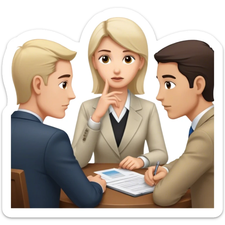 Una mesa de negociación donde una persona callada escucha mientras los demás hablan y revelan información sin darse cuenta. Cuando llega su turno, dice solo unas pocas palabras, pero su decisión es la que define el resultado. sticker