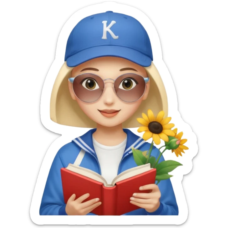 ["A happy girl with light skin, bald, wearing a baseball cap and sunglasses, dressed in K-pop fashion, is reading a book while holding a flower bouquet."] sticker