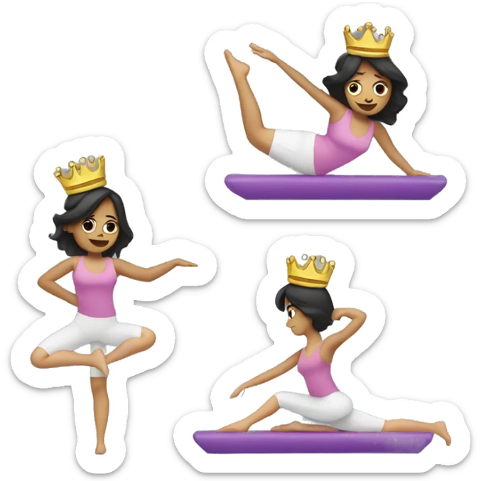 Woman doing Pilates in weird position, with a princess crown and dark hair sticker