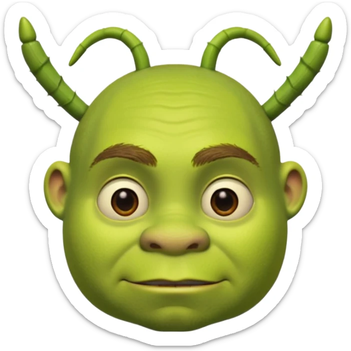 Shrek avec deux petites antennes-oreilles cylindriques plantées de chaque côté de la tête : elles sont courtes, épaisses, avec une ouverture ronde à l’extrémité.
 sticker