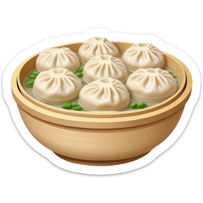Hangzhou Xiaolongbao steamed soup dumplings with steam rising, simplified emoji style with bold outlines and bright colors, cartoon style Zhejiang specialty sticker
