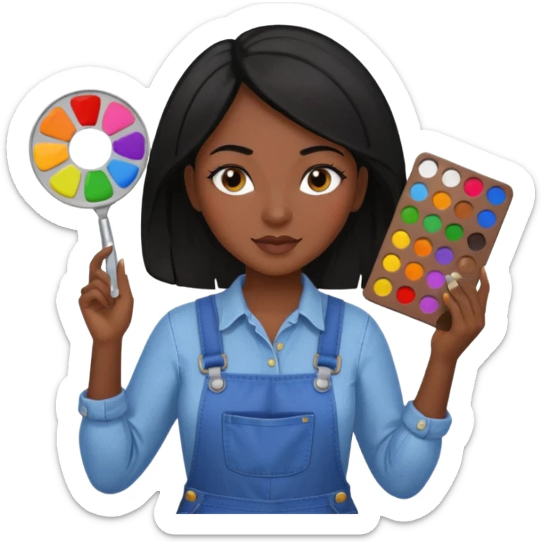 Créame emoji de una mujer que sea diseñadora industrial, pelo negra, piel morena, femenina con overol y una paleta de colores o herramientas de taller piel oscura chocolate  sticker