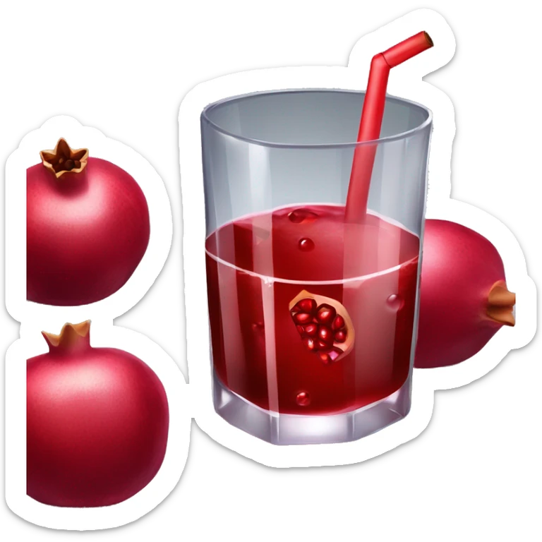 a glass of a very tempting bloody-red pomegranate juice with a pomegranate leaning on it. Ice cubes and straw in the glass. sticker