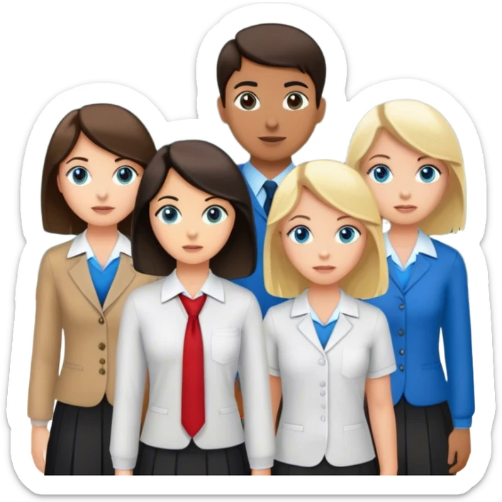 three girls and one boy dressed as teachers standing in front of a school board, two of the girls are brunettes and fair-skinned, one of them is blonde and fair-skinned with blue eyes and the boy has dark hair and medium skin tone sticker