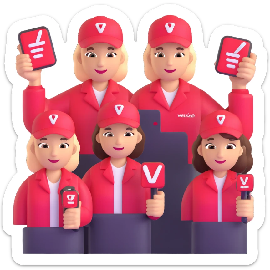 Verizon employees celebrating with perk icons like coffee, pizza, and headphones sticker