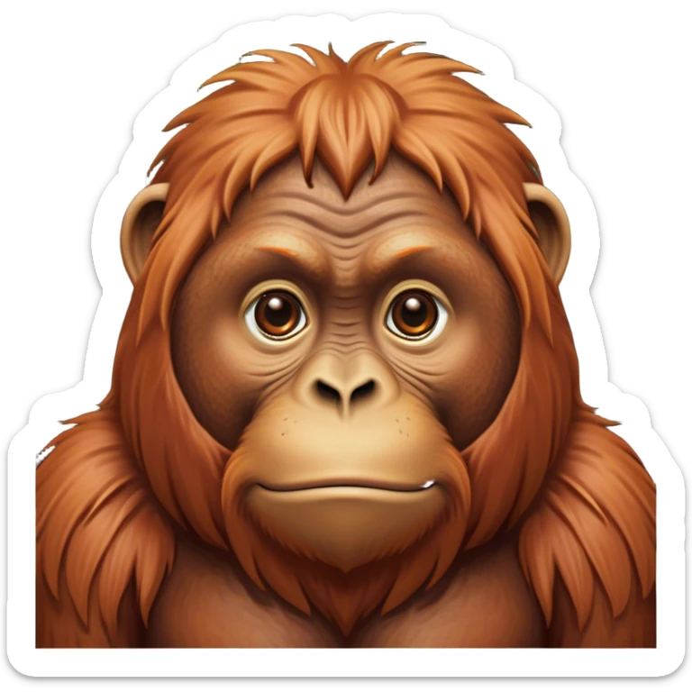 Cinematic Noble Orangutan Portrait Emoji, Poised and regal, with a robust, thoughtful build and deep, soulful eyes framed by rich, textured fur, Simplified yet sharp and sophisticated features, highly detailed, glowing with a soft, earthy glow, high shine, intelligent and contemplative, stylized with an air of ancient wisdom, focused and commanding, soft glowing outline, capturing the essence of a watchful and confident guardian that appears ready to step out of the screen with timeless authority! sticker