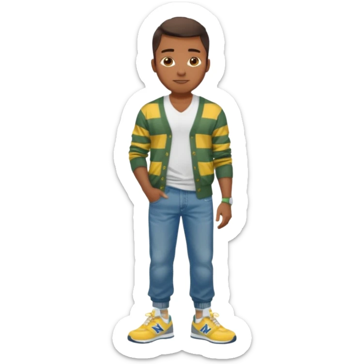 Handsome Black guy with brown skin tone, with lean muscular build, wearing baggy blue jeans, a white v-neck t-shirt, a yellow and green striped cardigan sweater, and grey new balance sneakers  sticker