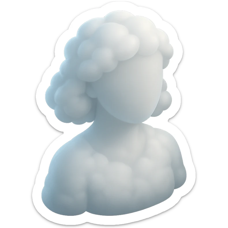 shoulder length faceless person, made entirely of white fluffy clouds, no shadows, matte glass style sticker