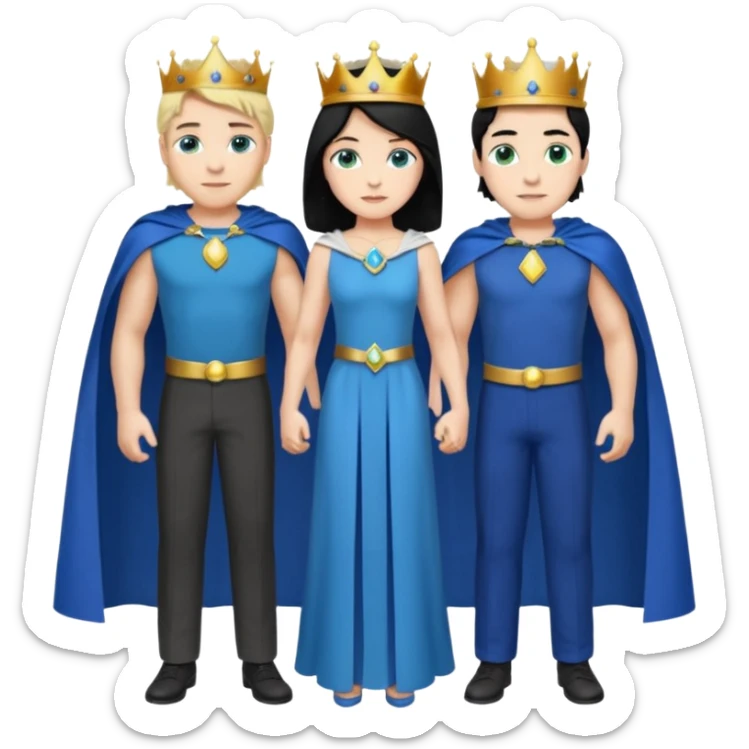 Prince with crown, blue cape and trousers, body and legs, black hair, blue eyes, woman blonde hair, green eyes, sexy white short sleveless dress,  sticker