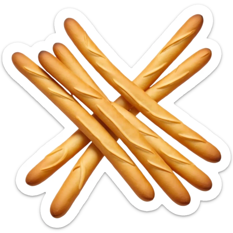 loose cluster of thin crunchy breadsticks with golden-brown slightly blistered surface and subtle curves, straight or slightly uneven sticks, crisp dry textures, rustic baked look, no packaging, no dip, no extras, soft lighting, subtle shadows, emoji scale sticker