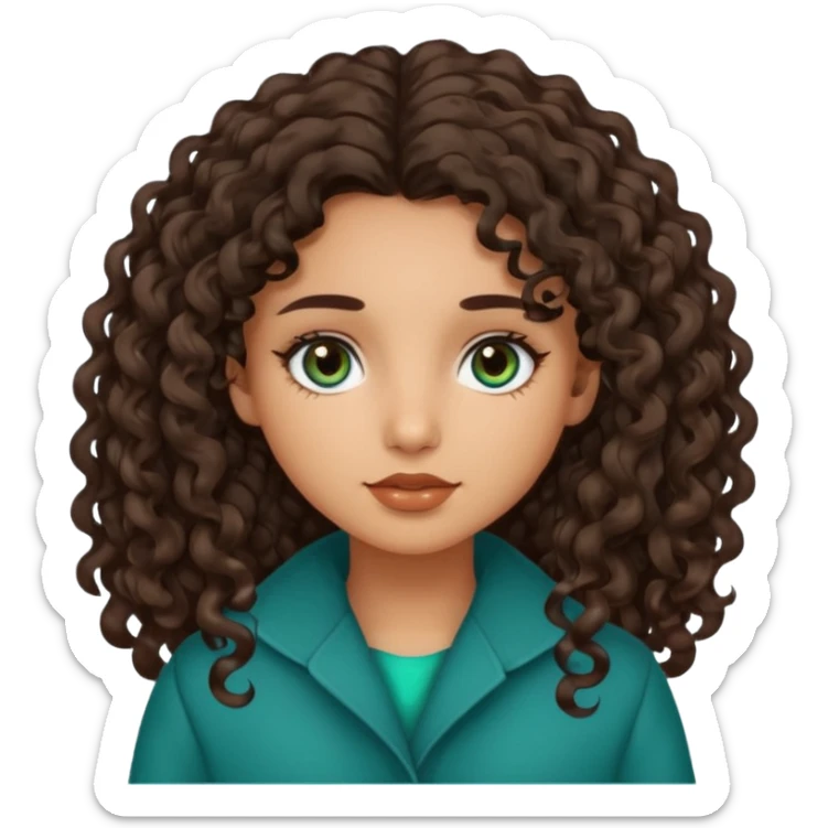 Girl with olive skin, teal eyes, dark brown  loose curly long hair, no coat sticker