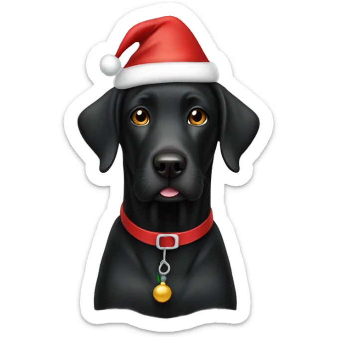 A black lab dog wearing a Santa hat sticker