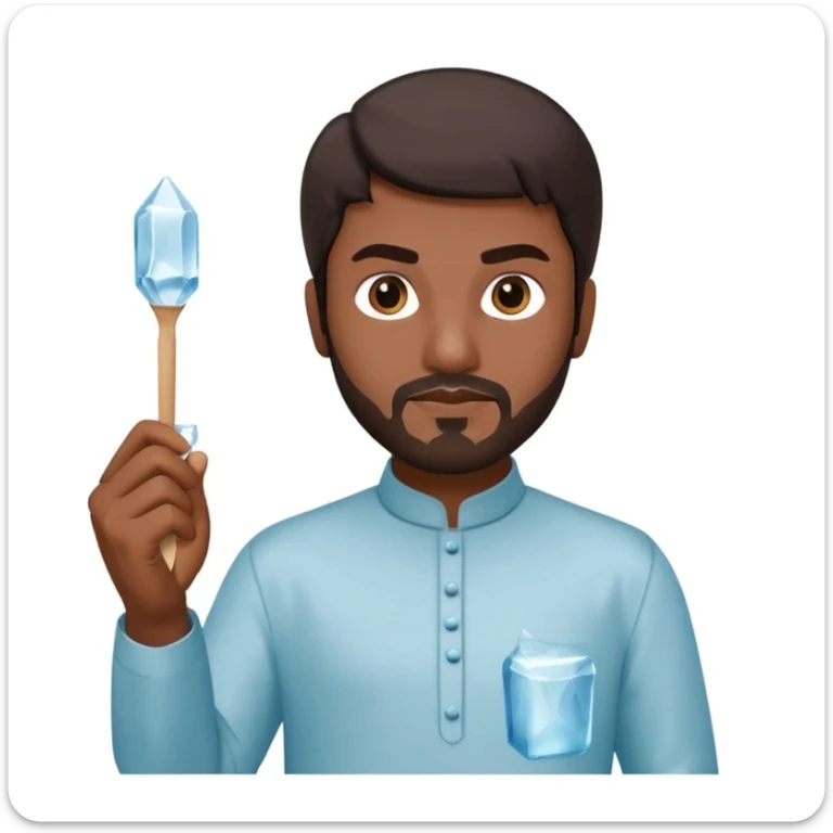 Pakistani street ice seller, simple shalwar kameez, holding ice pick and big transparent ice cube, confident and focused, 3D, shiny, clean, minimal, iPhone emoji style, plain white background sticker