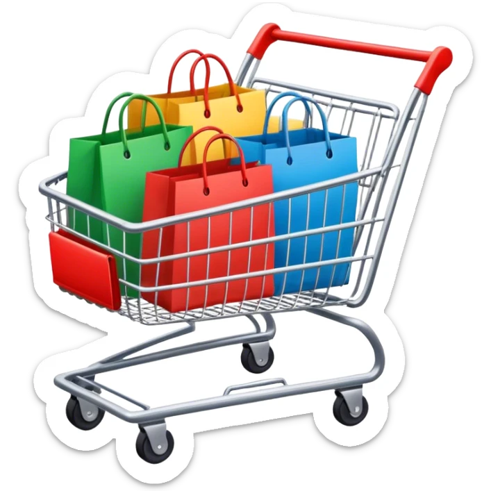 3 colored shopping bags sitting in a shopping cart sticker