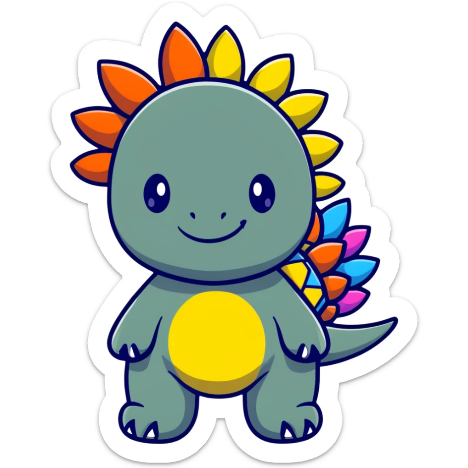 A cartoon baby stegosaurus toy with a cute onesie and tiny colorful spikes sticker