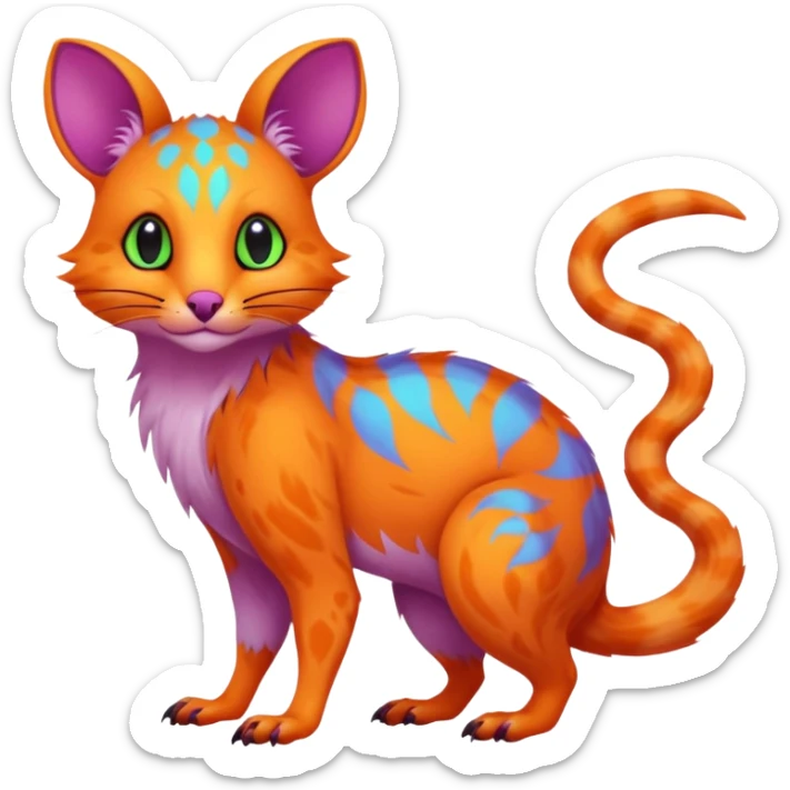 Neon-colored fantasy feline-rodent-marsupial-critter-vernid-fursona animal creature full body with intricate markings  sticker