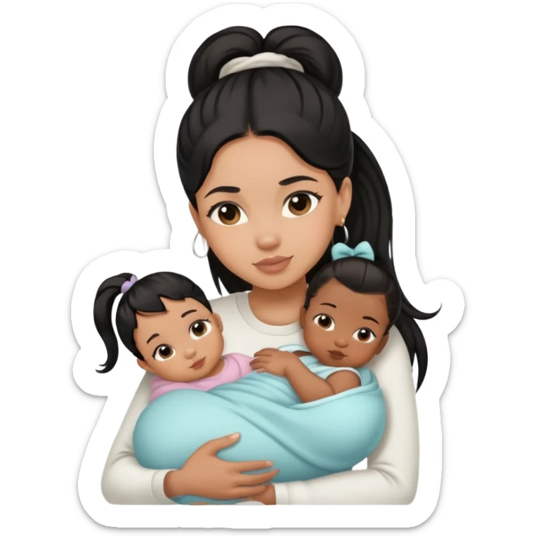 light skin black hair girl cuddling a newborn baby and a girl  with a high ponytail sticker
