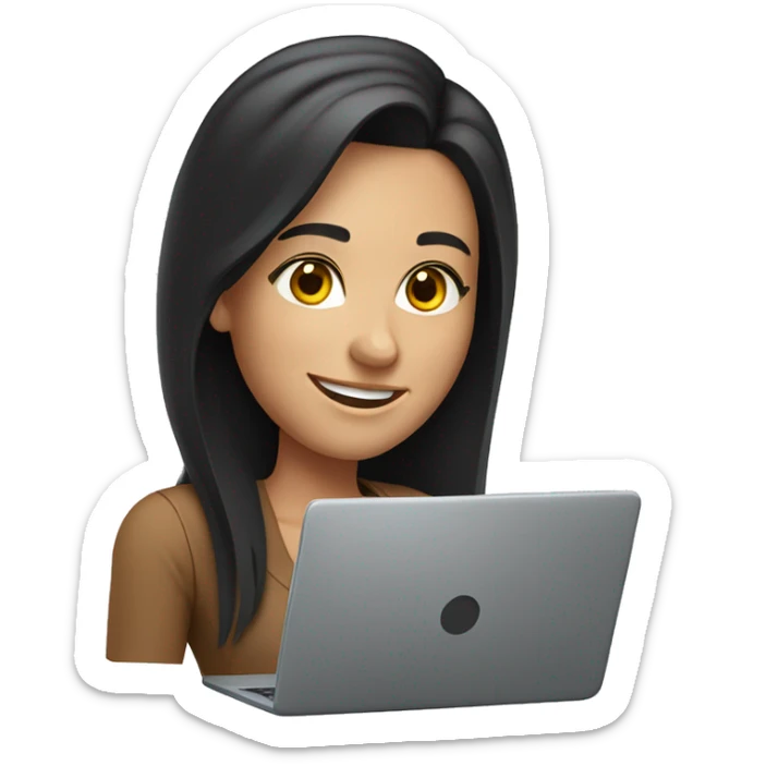 caucasian woman with long dark hair and freckles with laptop and pencil smiling sticker