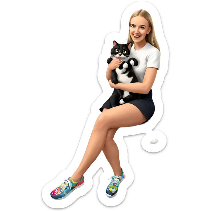 happy girl with cat sitting sticker