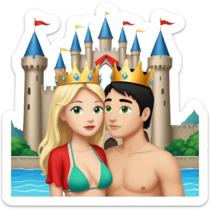 Blonde Queen with crownGreen eyes in Bikini kissing Male subject without crown black hair blue eyes Background Castle  sticker