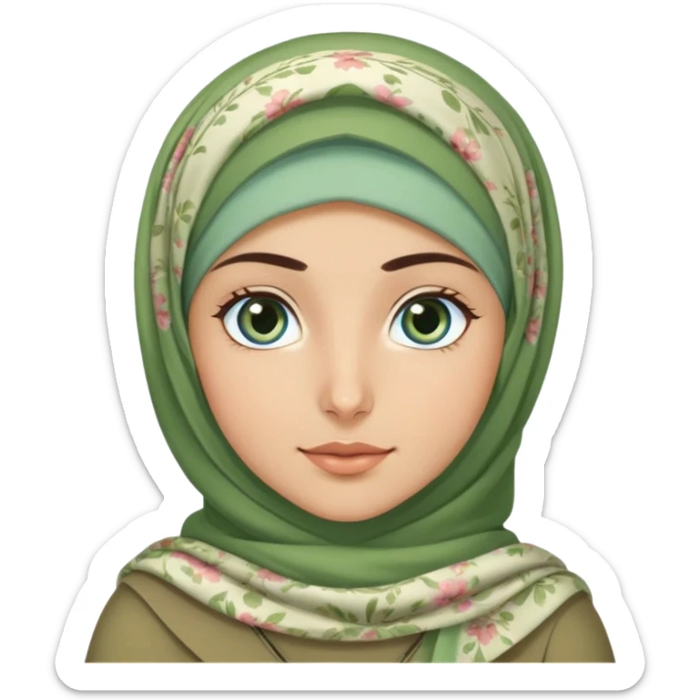 Turkish beautiful finish Konya girl blue eyes and green khaki hijab and light green floral dress and she go out on office sticker