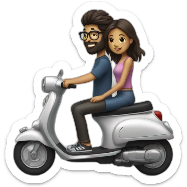 Boy with long hair, beard, and glasses, riding a black scooter with a girl on the back sticker