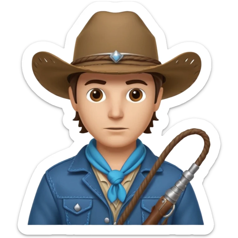 cowboy with a whip portrait, head and shoulders only, cowboy hat, bandana, western jacket collar, whip coiled over shoulder, confident expression, 3D cartoon, mobile game icon style, clean background, no text, no watermark
 sticker