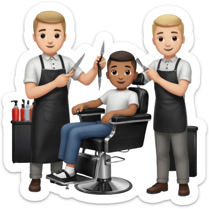Barber cutting boys hair. Show the boy sat in black barber chair and both having smiles on their faces sticker