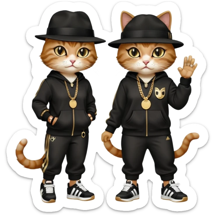 female cat dressed like Run DMC with tracksuit, fedora, Adidas shoes, lots of gold chains, rings, bracelets, earrings, eyes averted, talking to a friend, no sunglasses sticker