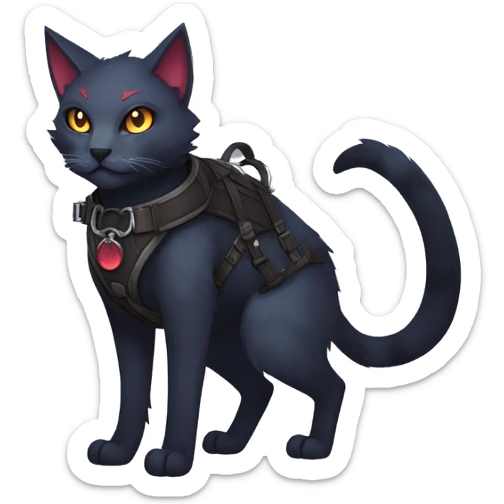 cool edgy fantasy dark-shadow-themed animal vampiric cat hybrid Fakemon  with a harness and collar full body sticker